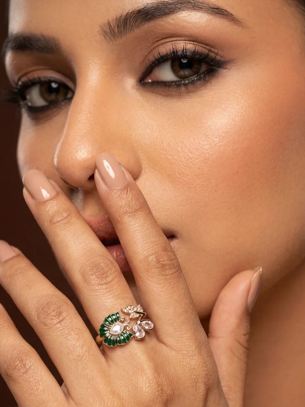 Green and Gold Floral Statement Ring - Women Jewelry